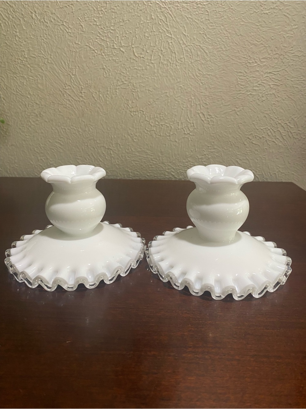Vintage, Pair of Fenton Silver Crest Milk Glass Candlesticks